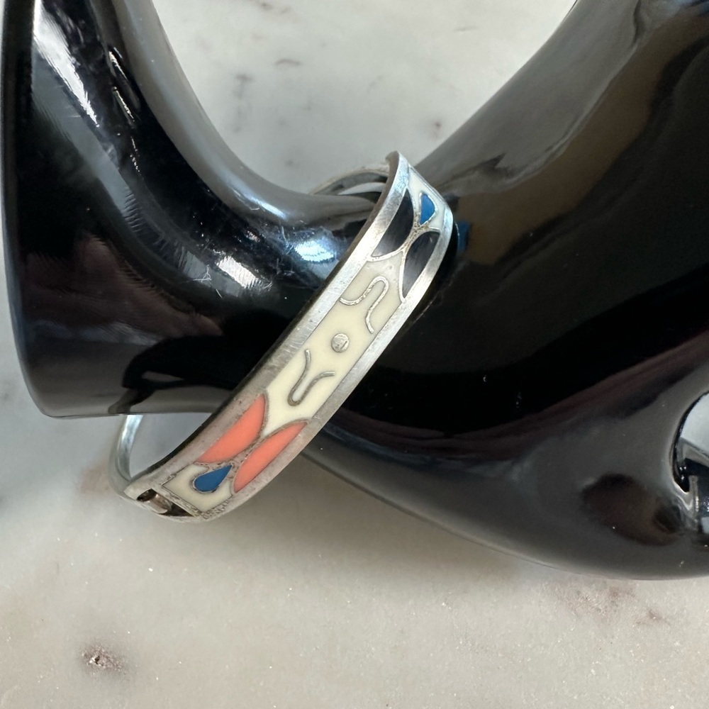 Vintage Mexican Silver Inlaid Hinge Bangle Bracelet 925. 6.5 in